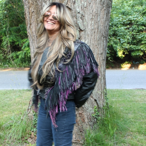 Gorgeous purple and black real leather jacket with fringes size medium - Picture 2 of 3